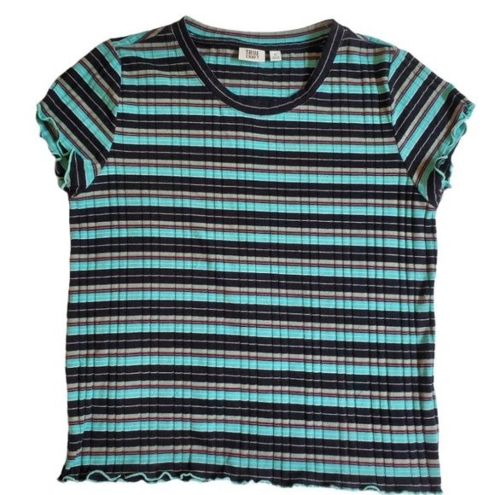 True Craft black turquoise striped short sleeve top sz XL
